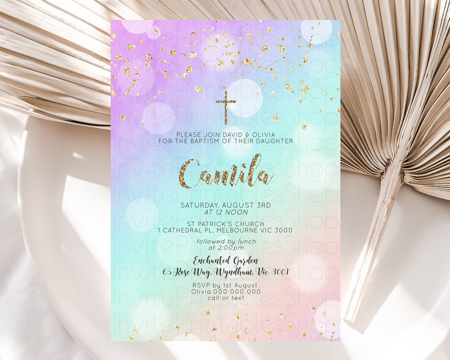 Pastel Baptism Invitation Pastel Colors Watercolor Baptism 1st Birthday Party Gold Ombre Pastel Rainbow Christening Holy Communion D10621