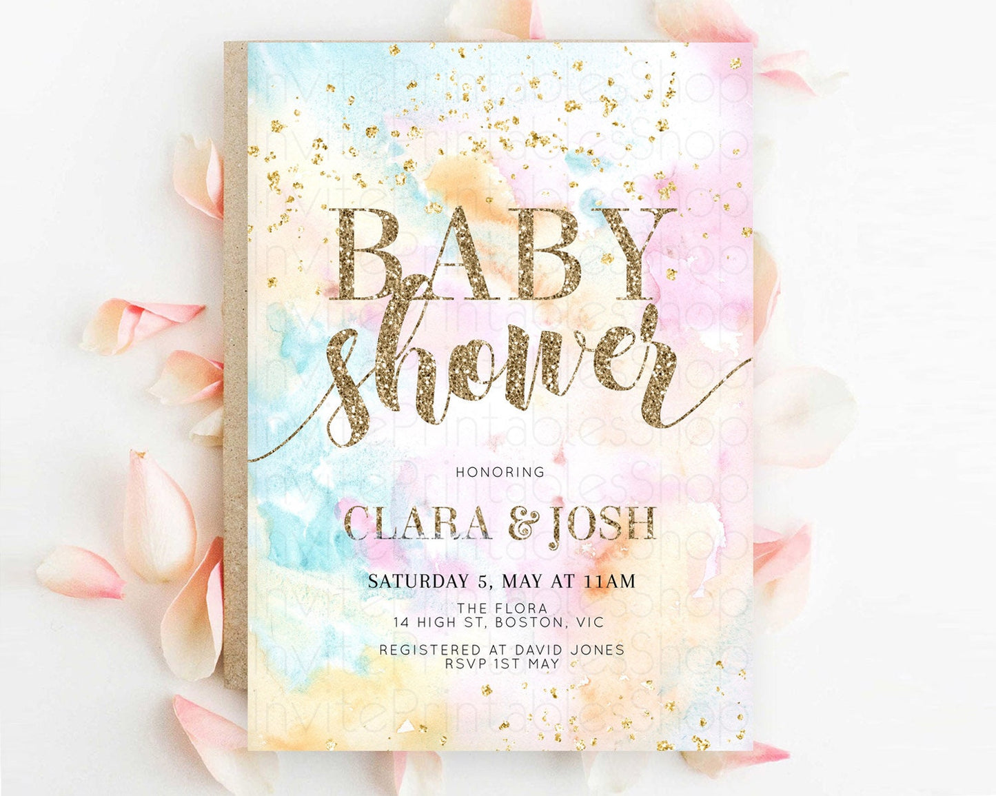 Pastel Baby Shower Invitation Rainbow Baby Shower Invitation Colorful Pastel Watercolor Invitation Gold Glitter Sprinkles Ombre D10548