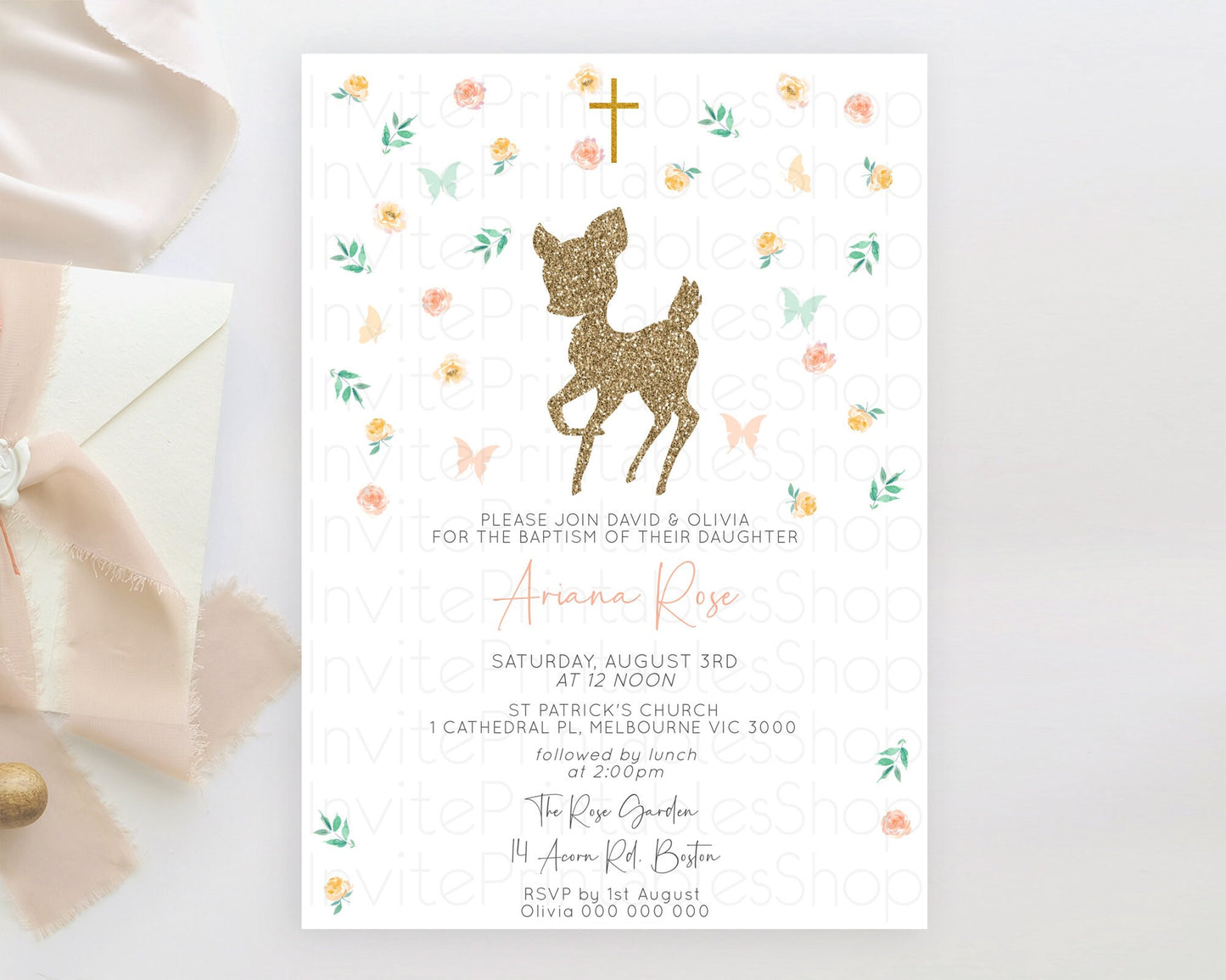 Fawn Baptism Invitation Deer Baptism 1st Birthday Invitation Enchanted Forest Christening Invitation Pastel Garden Butterfly Floral D10355