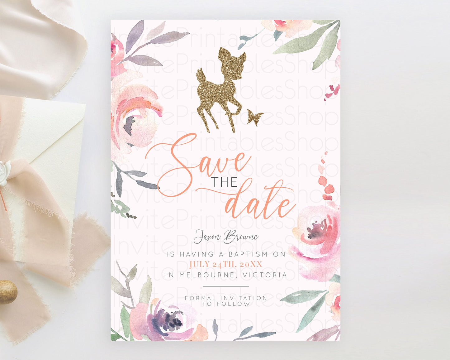 Fawn Deer Save The Date Template Pastel Floral Deer Enchanted Forest Butterfly Party 1st Birthday Baptism Baby Shower Bridal Shower D10196