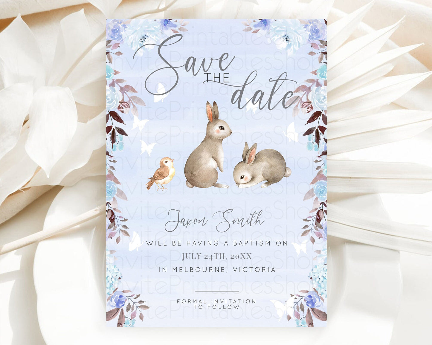 Floral Bunny Save The Date Template Pastel Flowers Forest Bunny Secret Garden Some Bunny Party 1st Birthday Baby Shower Baptism D10923