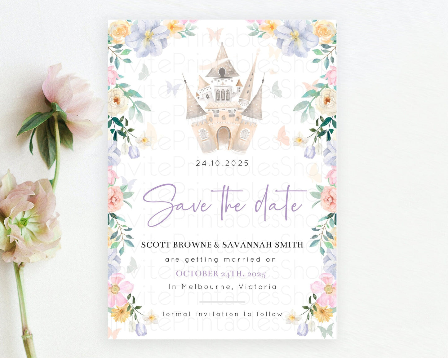 Princess Save The Date Template Secret Garden Enchanted Castle Pastel Floral Royal Party For 1st Birthday Baptism Baby Shower D10473