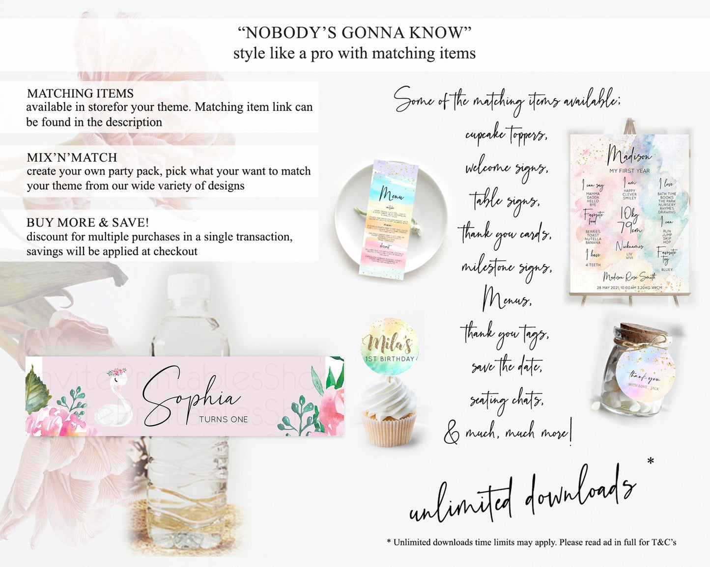 Swan Water Label Template Swan Princess Ballet Party Decor Enchanted Secret Garden Pastel Floral Birthday Baptism Baby Shower D10757