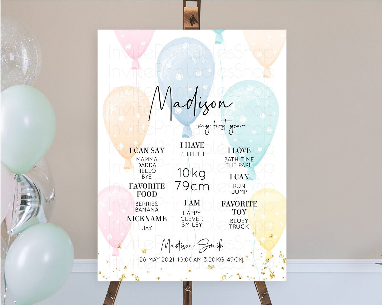 Pastel Balloons First Birthday Milestone Board Colorful Balloon Milestone Poster Rainbow Balloon Confetti 1st Birthday Welcome Sign D10776