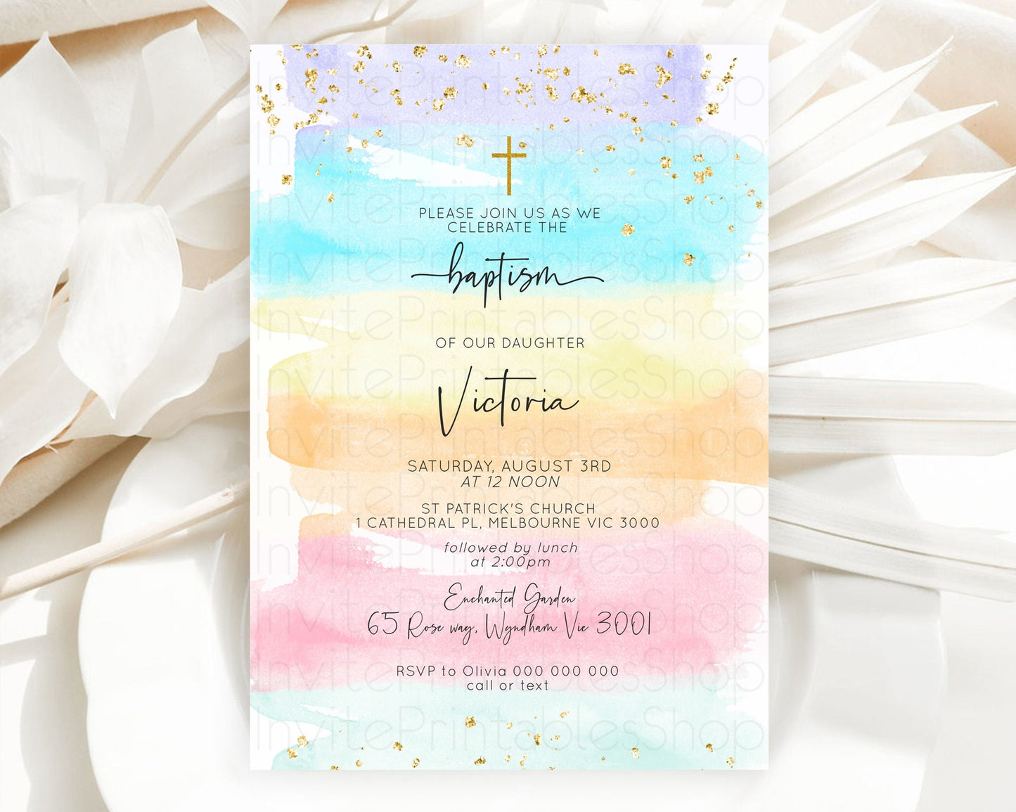 Pastel Baptism Invitation Pastel Colors Watercolor Baptism 1st Birthday Party Gold Ombre Pastel Rainbow Christening Holy Communion D10505