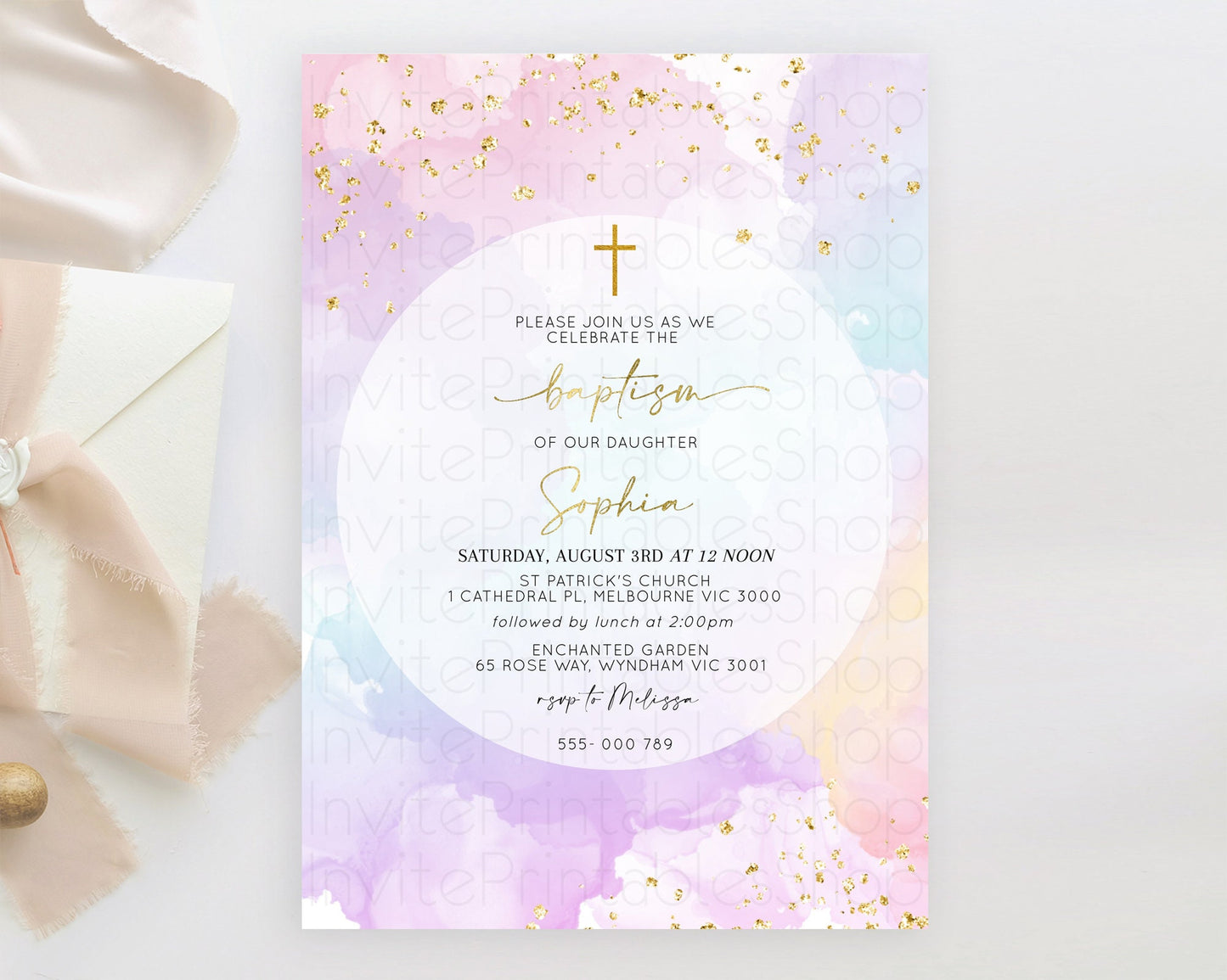 Pastel Baptism Invitation Pastel Colors Watercolor Baptism 1st Birthday Party Gold Ombre Pastel Rainbow Christening Holy Communion D10623