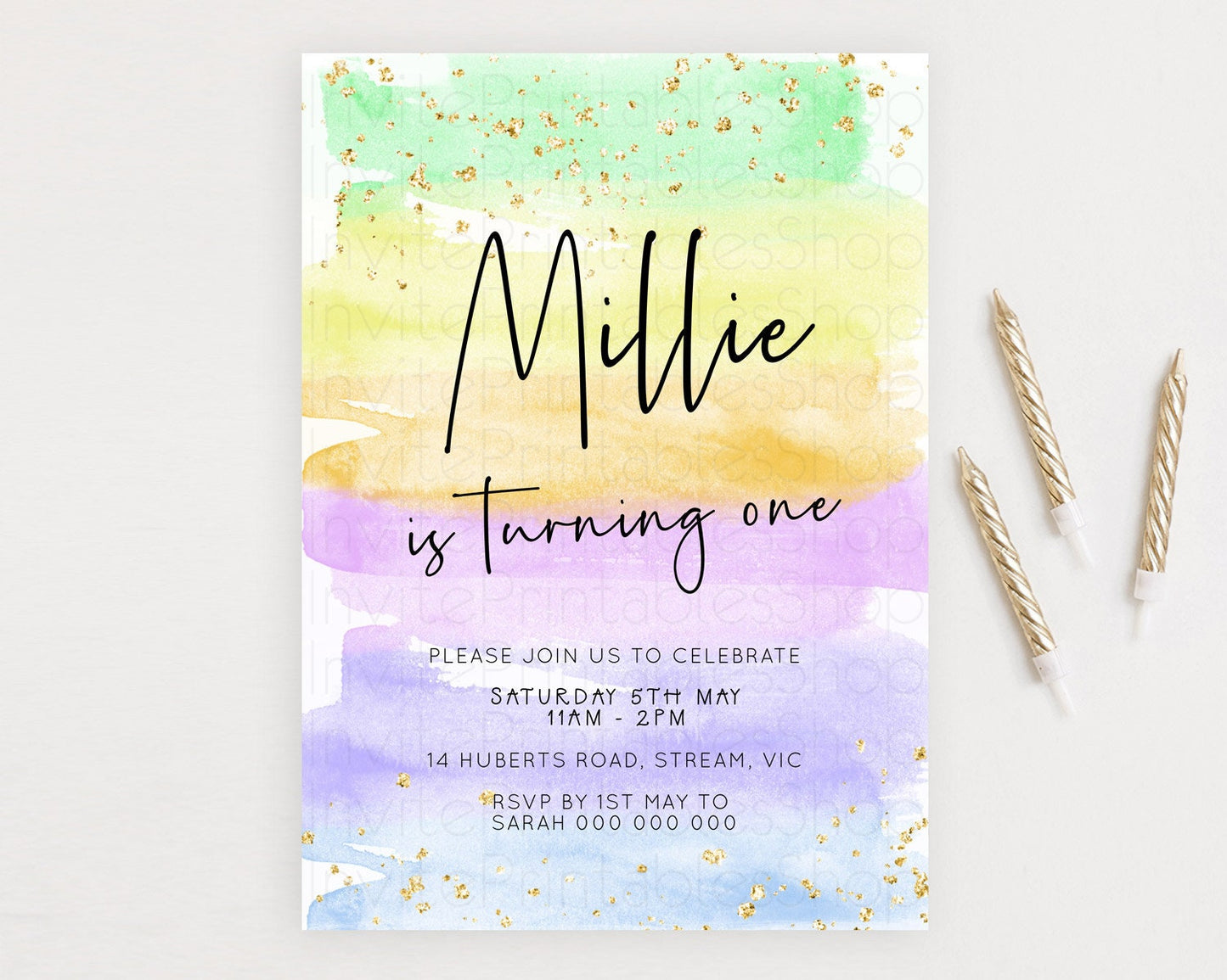 Pastel Birthday Invitation Ombre Watercolor Birthday Invitation Glitter Rainbow Color Splash 1st 2nd 3rd Birthday Invitation D23044