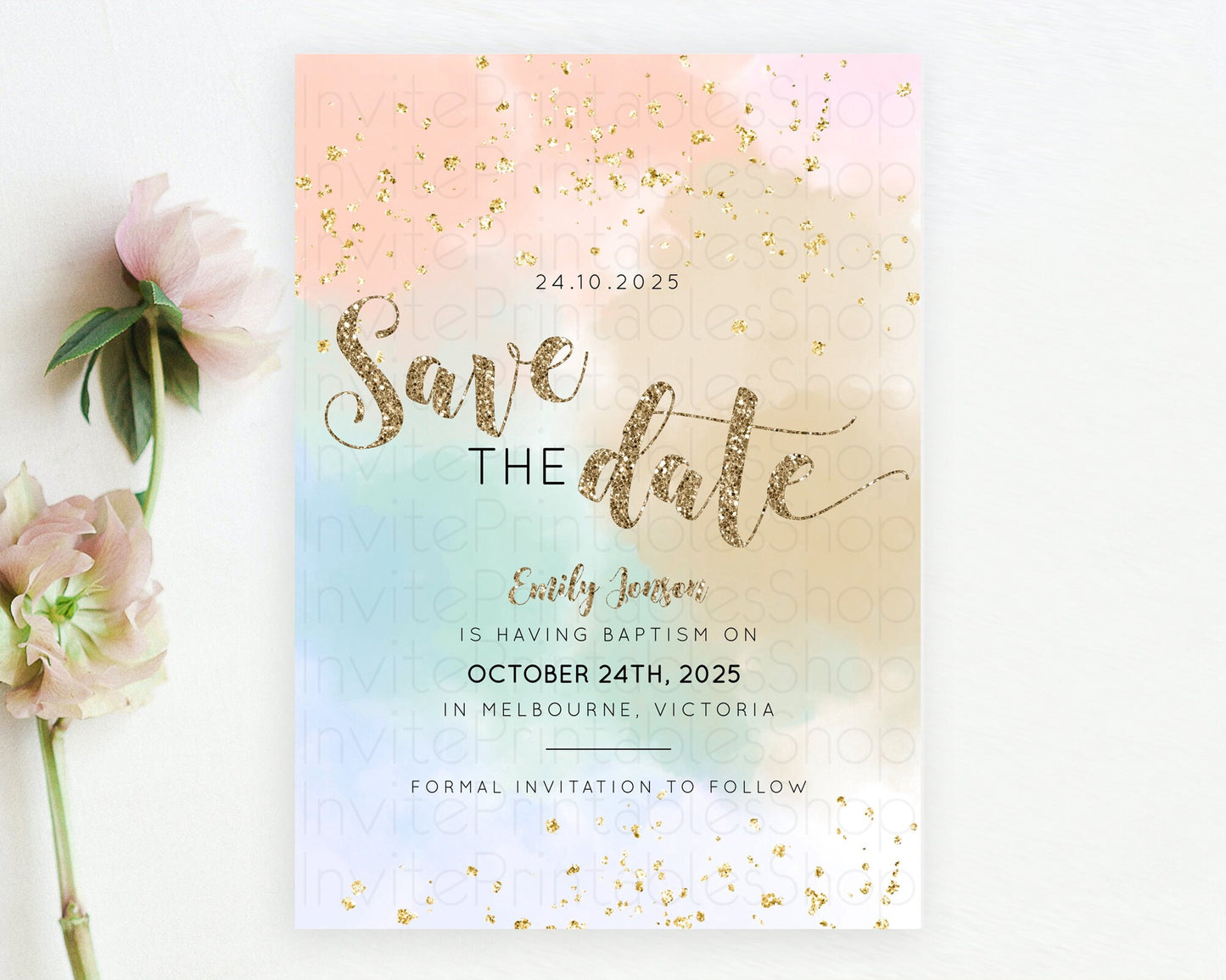 Pastel Save The Date Template Pastel Ombre Rainbow Watercolor Colorful Party For Birthday Baptism Baby Shower Wedding Bridal Shower D10377