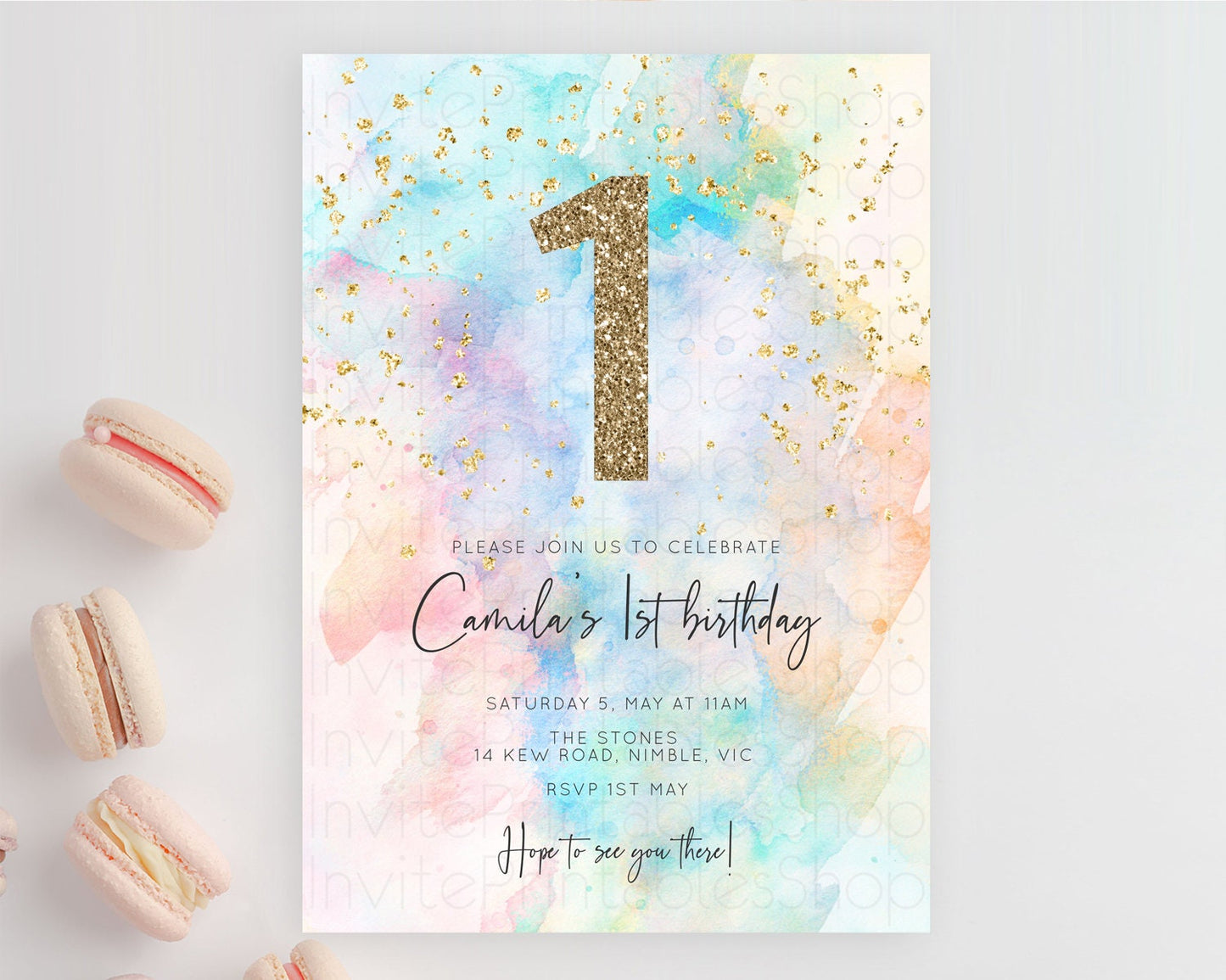 Rainbow Birthday Invitation Colorful Pastel Watercolor Invitation Gold Glitter Sprinkles Ombre Pastel 1st 2nd 3rd Birthday D10260