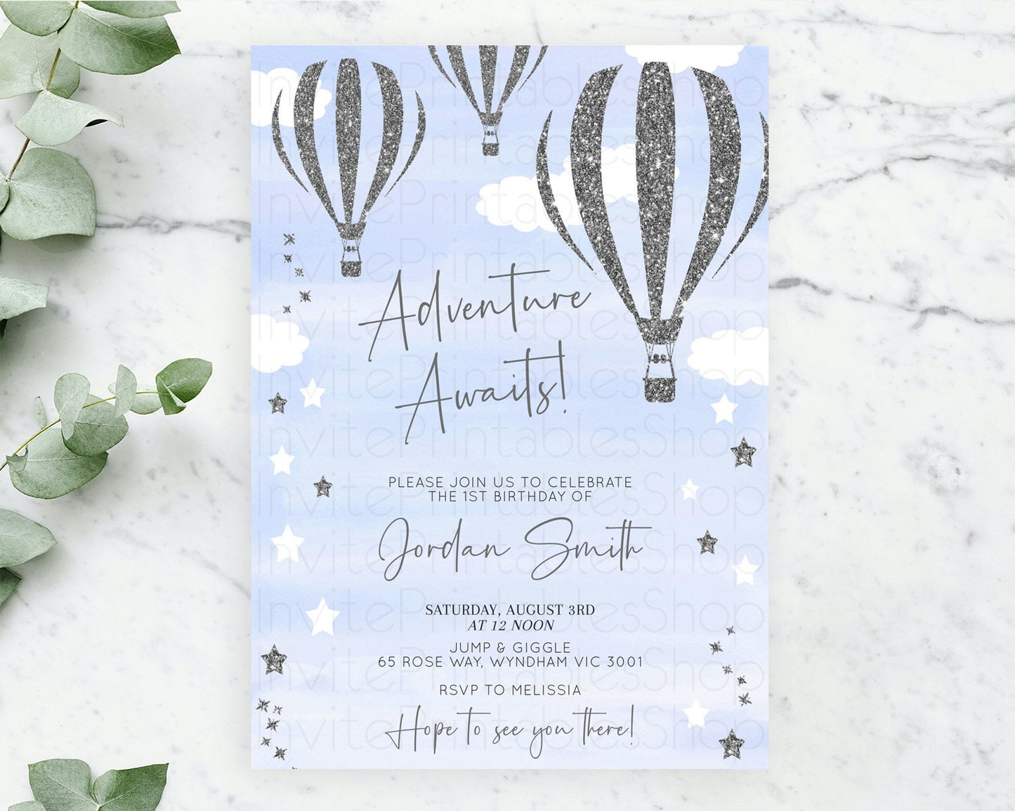 Hot Air Balloon Birthday Invitation Hot Air Balloon Invites Adventure Awaits Up Up & Away Glitter Blue Watercolor 1st Birthday Boy D10334