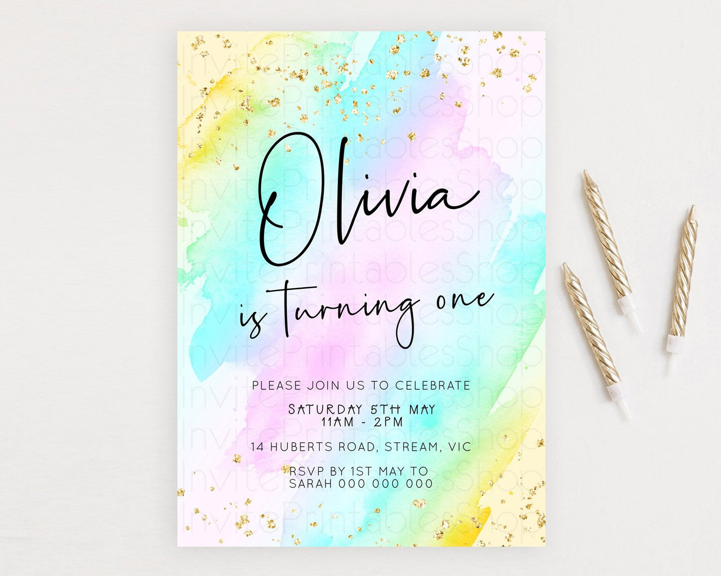 Pastel Birthday Invitation Ombre Watercolor Birthday Invitation Glitter Rainbow Color Splash 1st 2nd 3rd Birthday Invitation D23054