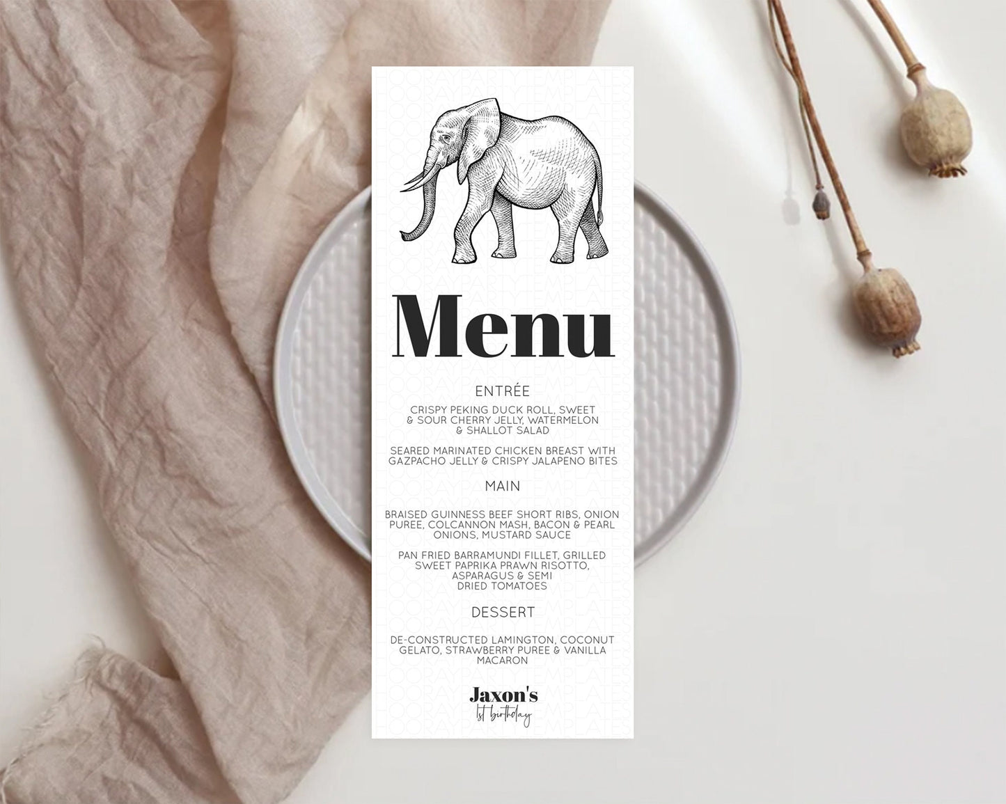 Elephant Menu Elephant Menu Template Elephant Safari Zoo Table Decor Elephant Dinner Dessert Menu Elephant Party Food Menu D10248