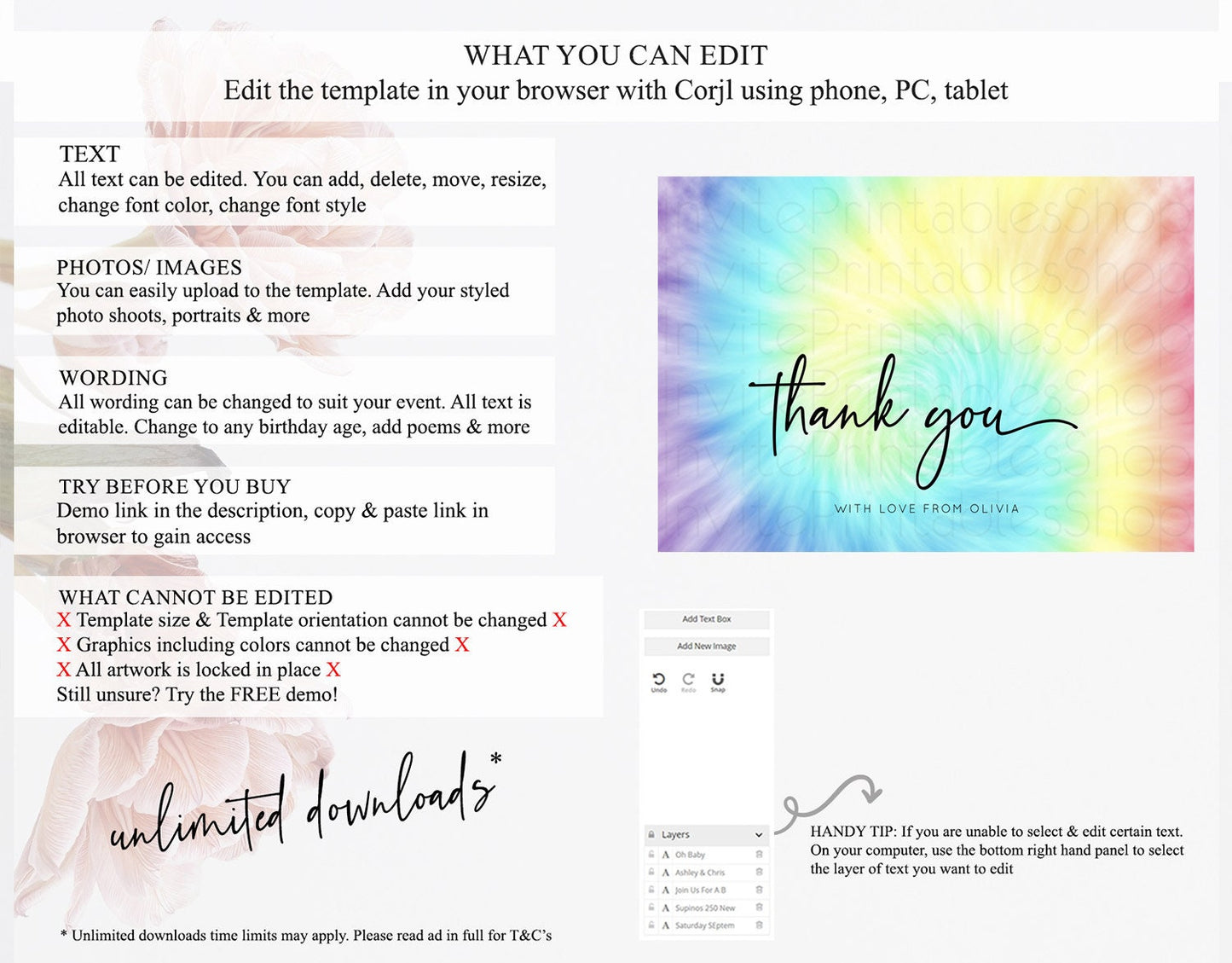 Tie Dye Thank You Rainbow Tie Dye Thank You Card Pastel Birthday Thank You Colorful Pastel Cards Rainbow Teacher Thank You Card D10578