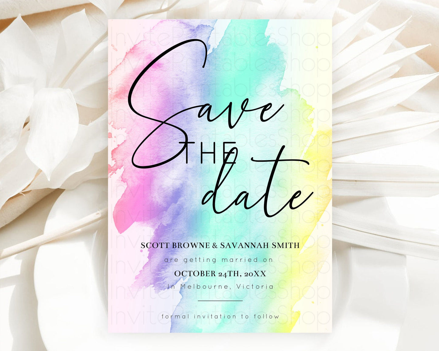 Pastel Save The Date Template Pastel Ombre Rainbow Watercolor Colorful Party For Birthday Baptism Baby Shower Wedding Bridal Shower D10231