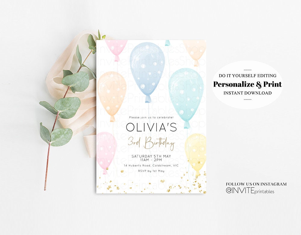 Pastel Balloon Birthday Invitation Rainbow Colorful Glitter Sprinkles Confetti Watercolor Balloons Pink Blue Green Yellow Editable D10776