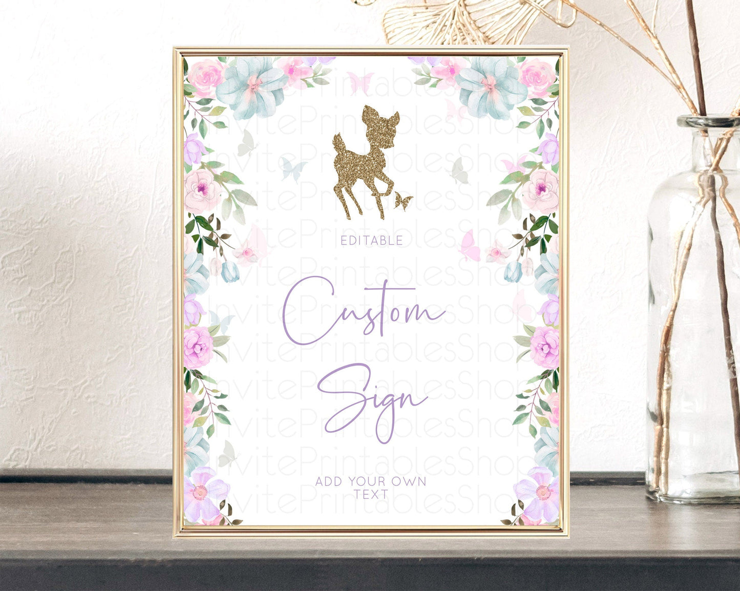 Fawn Deer Sign Pastel Floral Deer Table Sign Decor Enchanted Forest Butterfly Party 1st Birthday Baptism Baby Shower Bridal Shower D10476