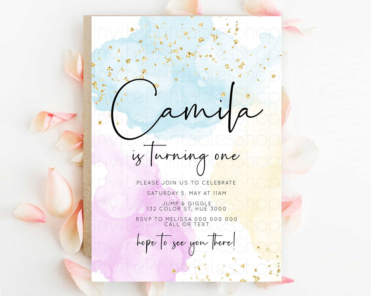 Editable Rainbow Birthday Invitation Colorful Pastel Watercolor Invitation G