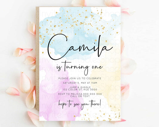 Editable Rainbow Birthday Invitation Colorful Pastel Watercolor Invitation G