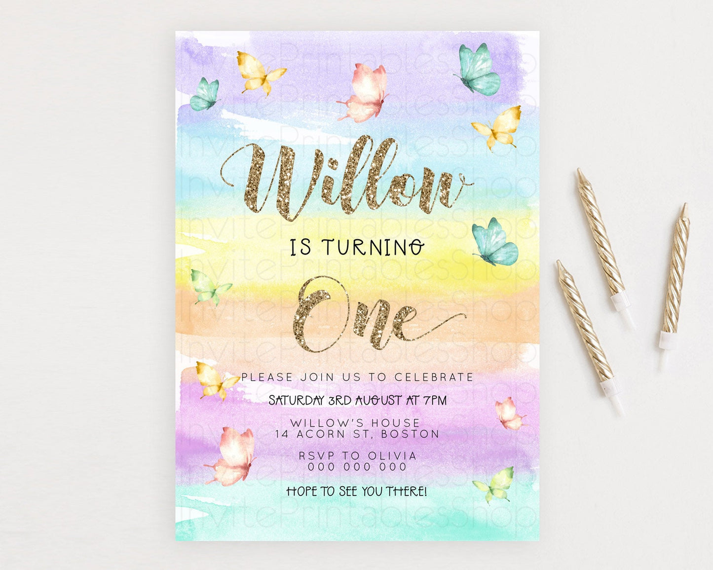 Pastel Butterfly Birthday Invitation Butterfly Birthday Invitation Colorful Splash Glitter Butterfly Garden 1st 2nd Birthday D23221