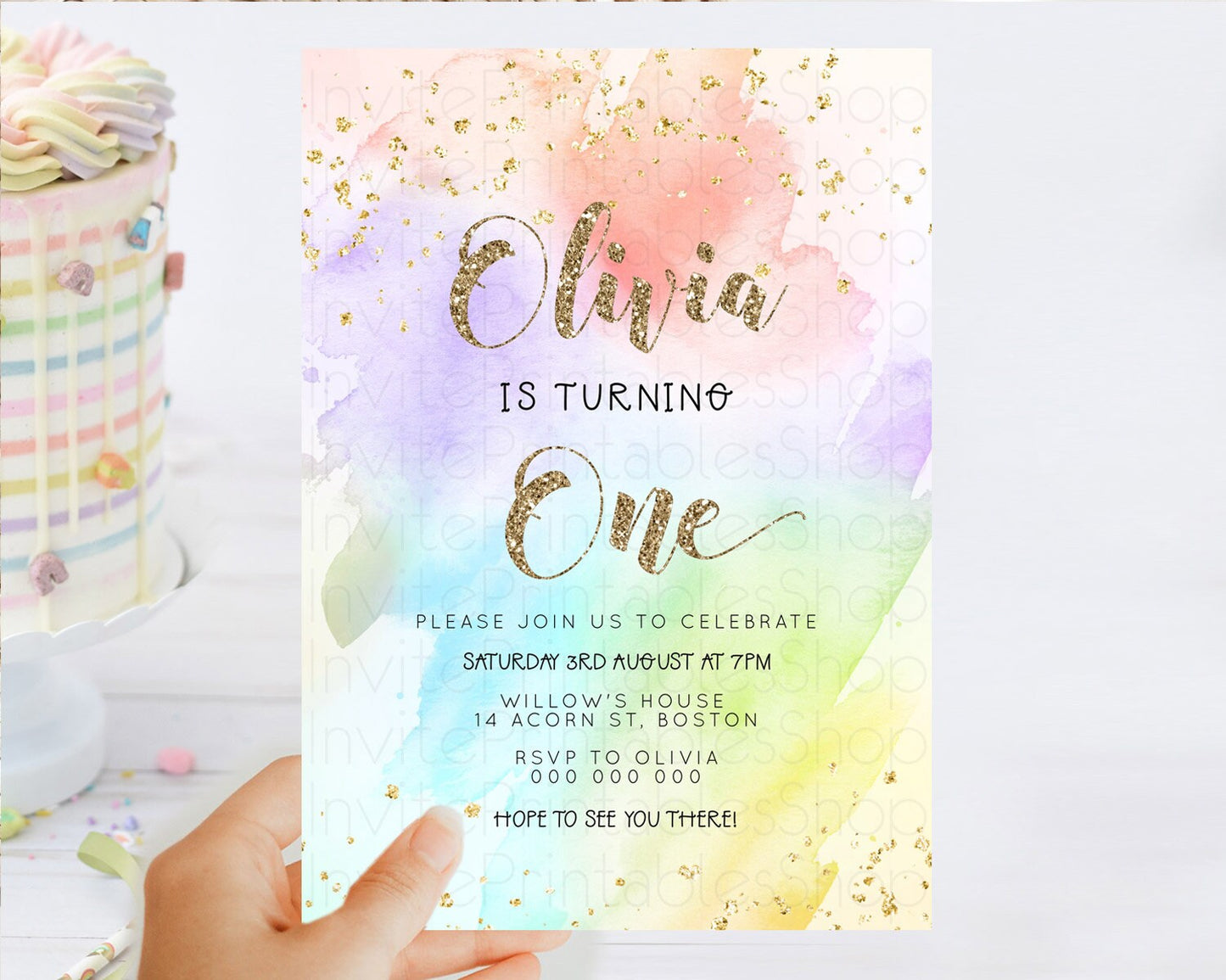 Rainbow Birthday Invitation Colorful Pastel Watercolor Invitation Gold Glitter Sprinkles Ombre Pastel 1st 2nd 3rd Birthday D23302