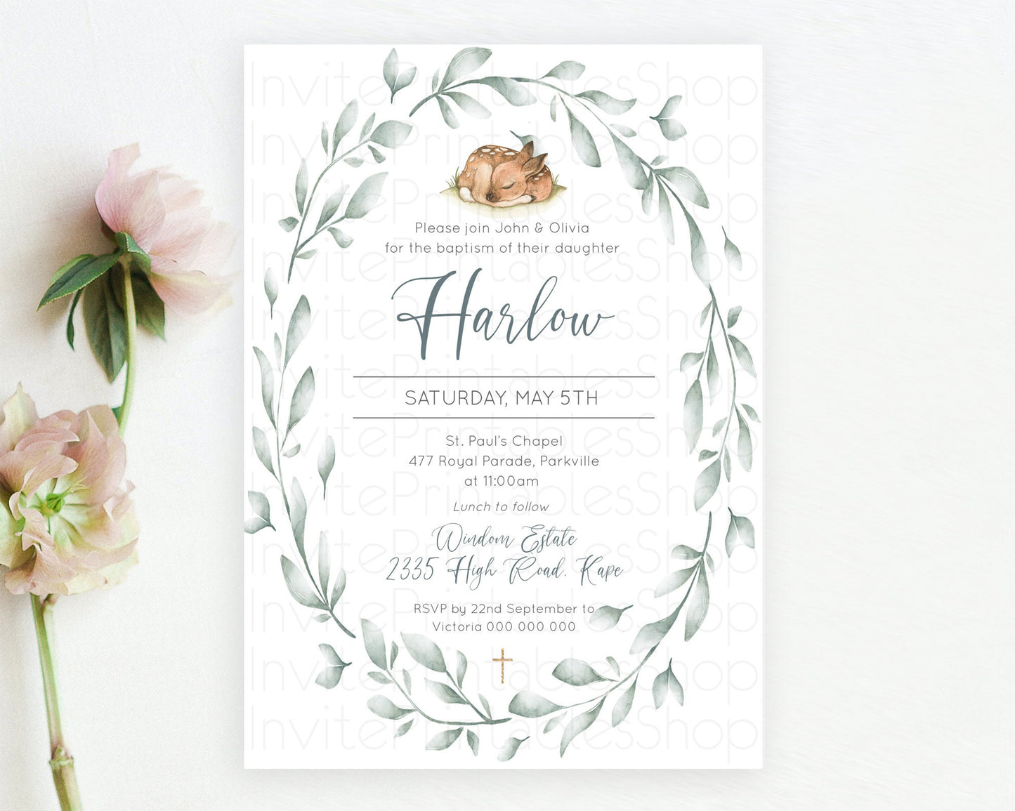 Fawn Baptism Invitation Deer Baptism 1st Birthday Invitation Enchanted Forest Christening Invitation Pastel Garden Butterfly Floral D10935