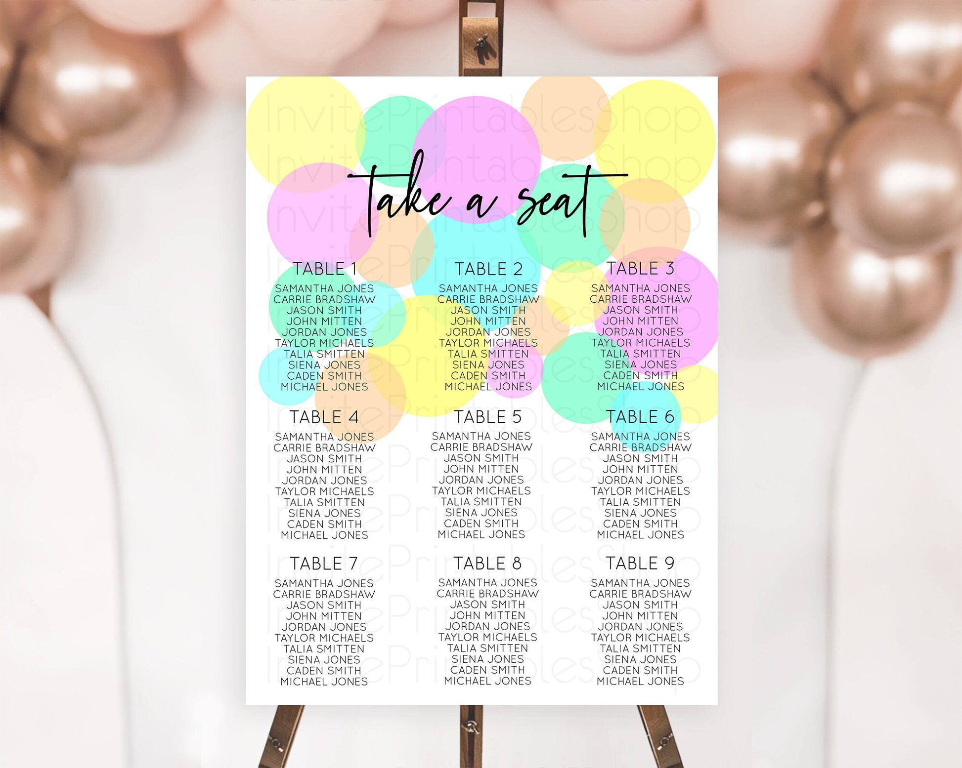 Editable Pastel Seating Chart Pastel Confetti Seating Chart Bubbles Sprinkle