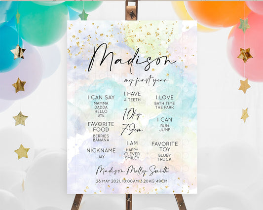 Editable Pastel First Birthday Milestone Board Pastel Rainbow Milestone Post