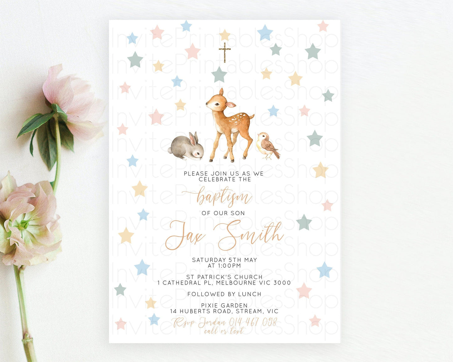 Fawn Baptism Invitation Deer Baptism 1st Birthday Invitation Enchanted Forest Christening Invitation Pastel Garden Butterfly Floral D10918