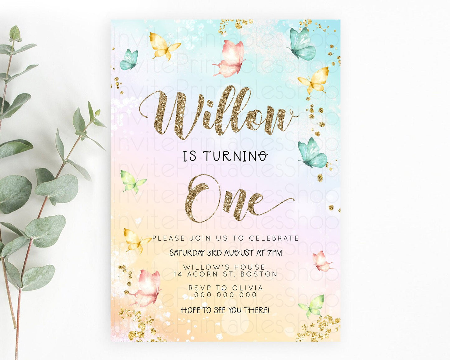 Pastel Butterfly Birthday Invitation Butterfly Birthday Invitation Colorful Splash Glitter Butterfly Garden 1st 2nd Birthday D23080