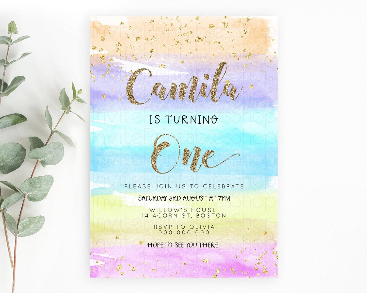 Rainbow Birthday Invitation Colorful Pastel Watercolor Invitation Gold Glitter Sprinkles Ombre Pastel 1st 2nd 3rd Birthday D23271