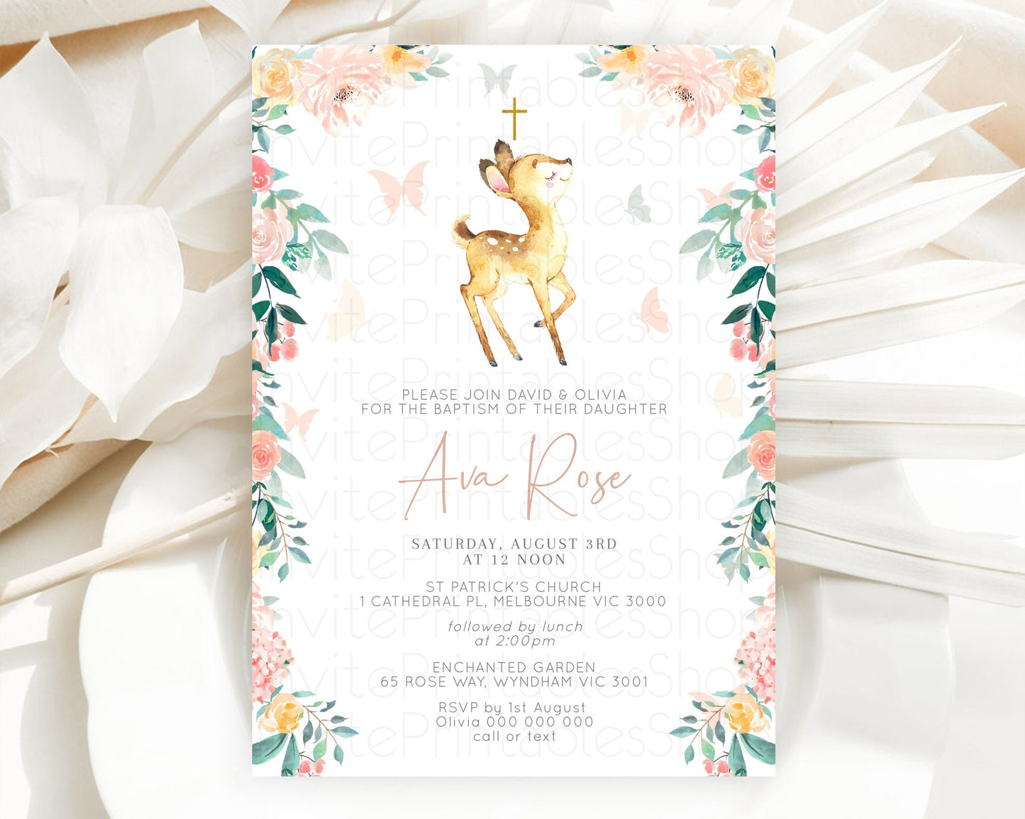 Fawn Baptism Invitation Deer Baptism 1st Birthday Invitation Enchanted Forest Christening Invitation Pastel Garden Butterfly Floral D10753