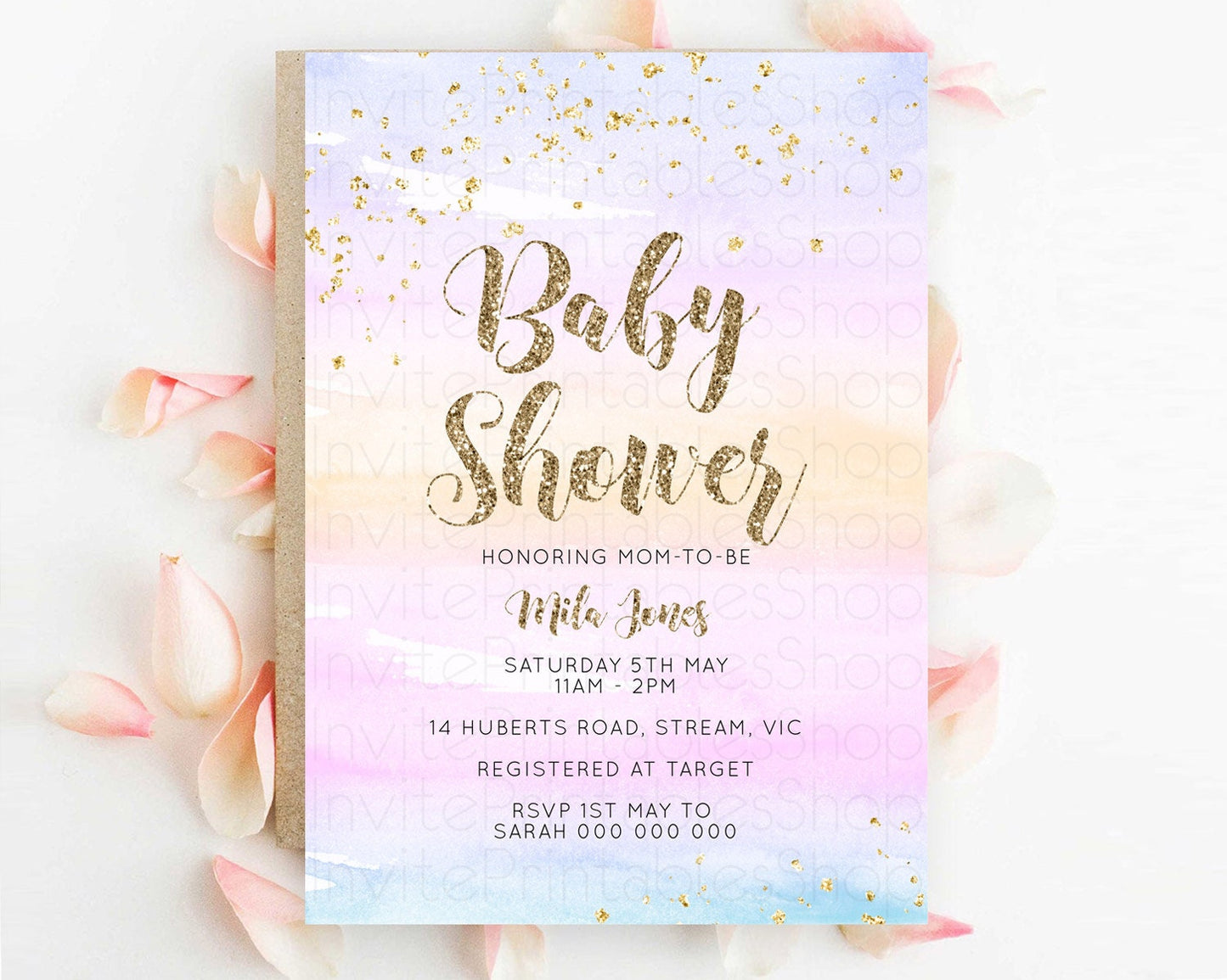 Pastel Baby Shower Invitation Rainbow Baby Shower Invitation Colorful Pastel Watercolor Invitation Gold Glitter Sprinkles Ombre D10595