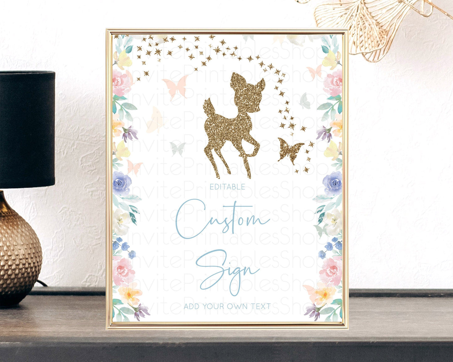Fawn Deer Sign Pastel Floral Deer Table Sign Decor Enchanted Forest Butterfly Party 1st Birthday Baptism Baby Shower Bridal Shower D10878