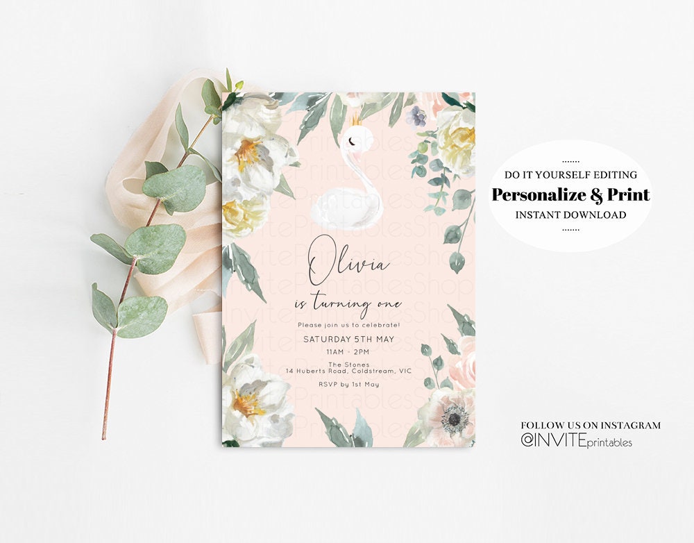 Swan Princess Birthday Invitation Swan Crown Princess Magical Enchanted Woodland Floral Secret Garden White Flowers  Custom Printable Invite