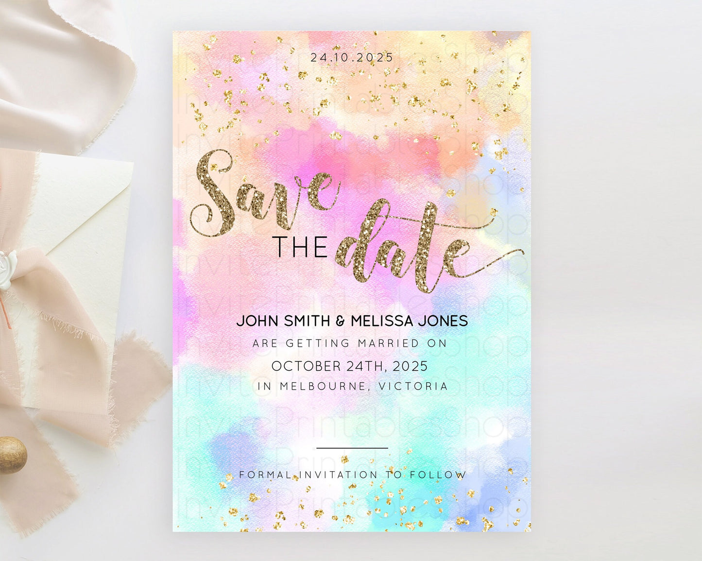 Pastel Save The Date Template Pastel Ombre Rainbow Watercolor Colorful Party For Birthday Baptism Baby Shower Wedding Bridal Shower D10669