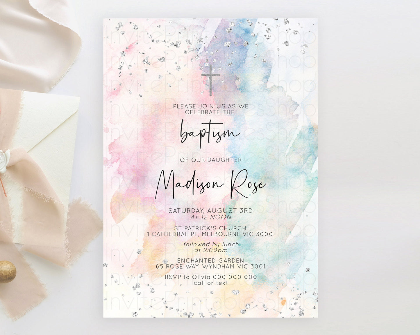 Rainbow Baptism Invitation Colorful Pastel Watercolor Baptism 1st Birthday Invitation Silver Glitter Ombre Christening Invitation D10945