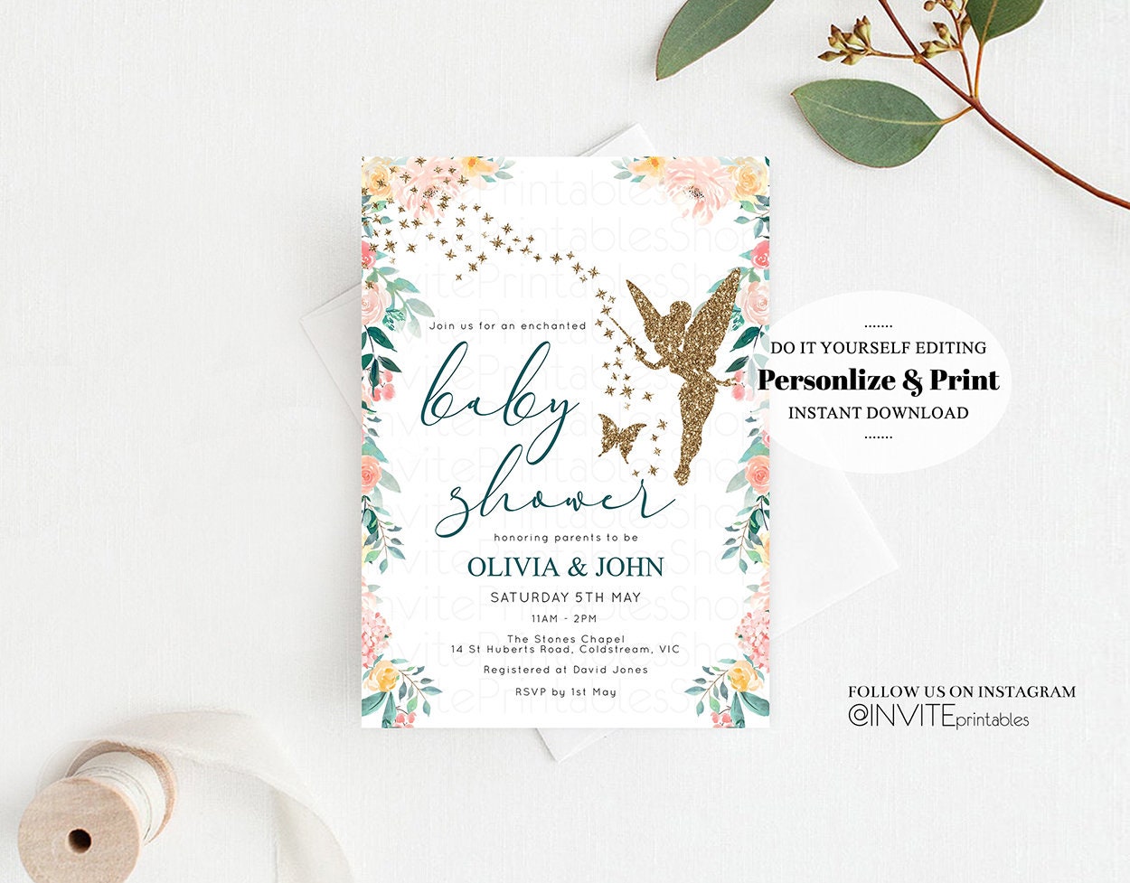 Editable Fairy Baby Shower Invitation Enchanted Baby Shower Tinkerbell Gold