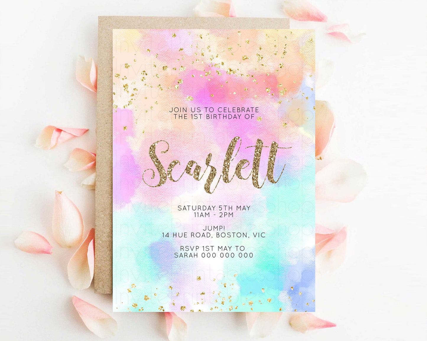 Rainbow Birthday Invitation Pastel Birthday Invite Ombre Watercolor Invite Enchanted Theme Colorful Splash Glitter Sprinkles 1st 2nd 3rd