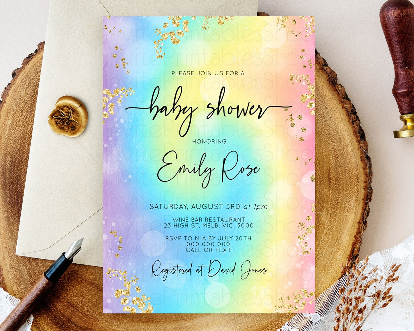 Pastel Baby Shower Invitation Rainbow Baby Shower Invitation Colorful Pastel Watercolor Invitation Gold Glitter Sprinkles Ombre D10568