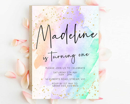 Rainbow Birthday Invitation Colorful Pastel Watercolor Invitation Gold Glitter Sprinkles Ombre Pastel 1st 2nd 3rd Birthday D10176