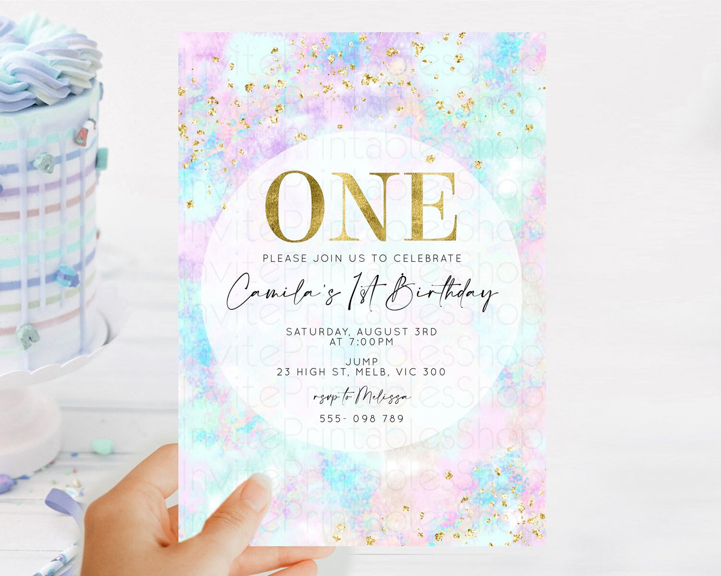 Rainbow Birthday Invitation Colorful Pastel Watercolor Invitation Gold Glitter Sprinkles Ombre Pastel 1st 2nd 3rd Birthday D10652