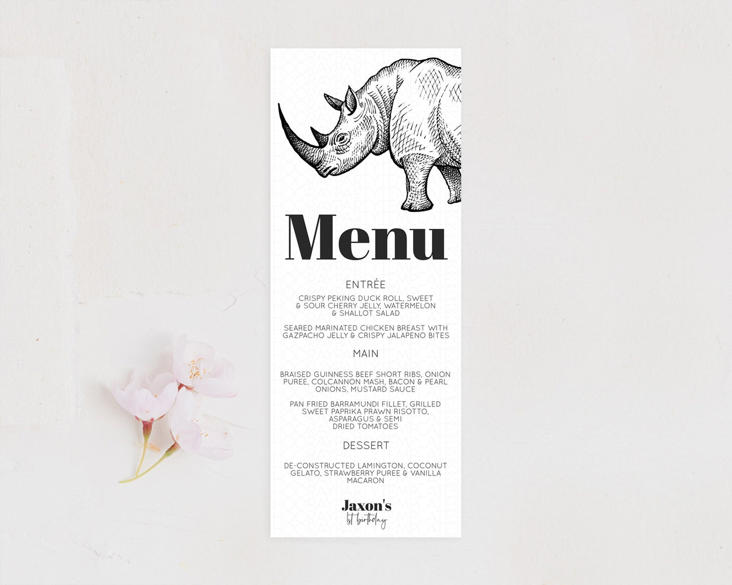 Rhino Menu Rhino Menu Template Rhino Party Table Decor Safari Adventure Decor Rhino Dinner Dessert Menu Rhino Party Food Menu D10253