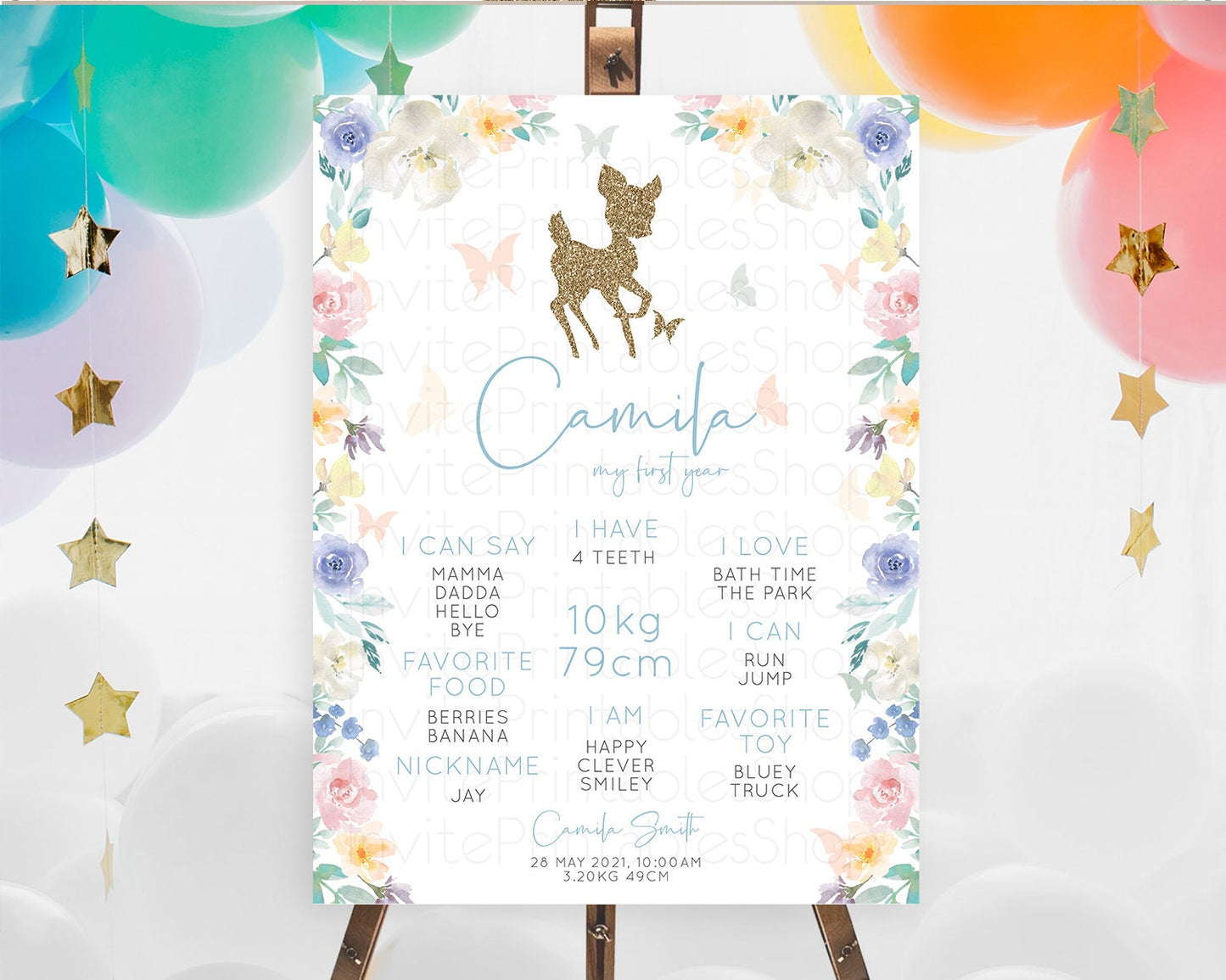 Fawn First Birthday Milestone Board Deer First Birthday Milestone Poster Enchanted Forest Butterfly Pastel Flowers 1st Birthday Sign D10878