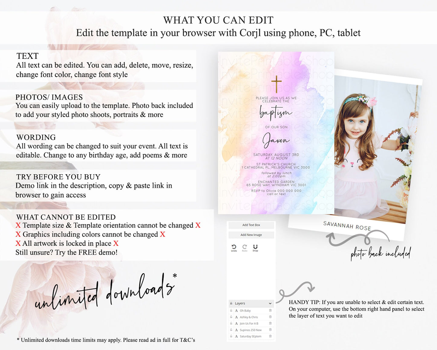 Pastel Baptism Invitation Pastel Colors Watercolor Baptism 1st Birthday Party Gold Ombre Pastel Rainbow Christening Holy Communion D10177