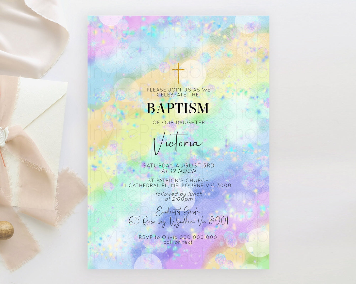 Rainbow Baptism Invitation Colorful Pastel Watercolor Baptism 1st Birthday Invitation Iridescent Glitter Sprinkles Ombre Christening D10689