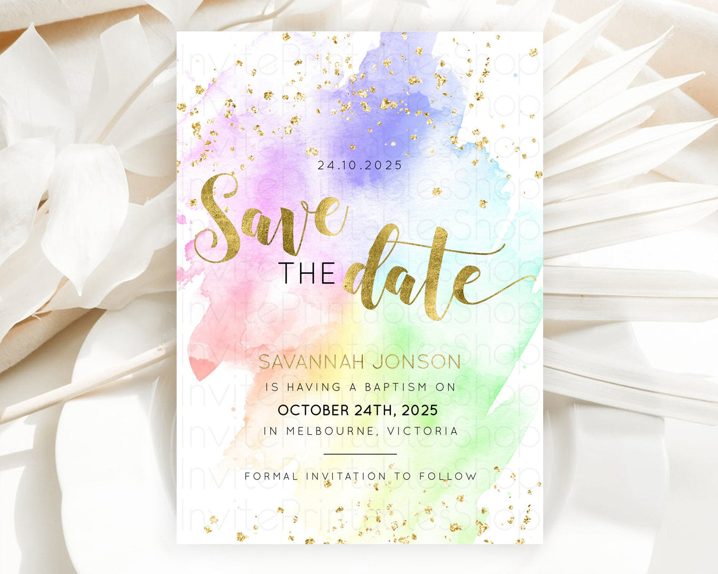 Pastel Save The Date Template Pastel Ombre Rainbow Watercolor Colorful Party For Birthday Baptism Baby Shower Wedding Bridal Shower D10876