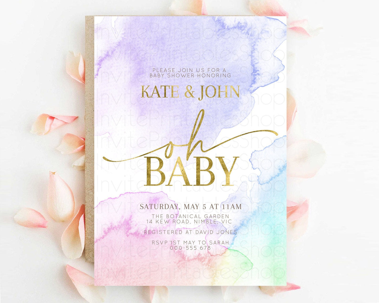 Pastel Baby Shower Invitation Rainbow Baby Shower Invitation Colorful Pastel Watercolor Invitation Gold Glitter Sprinkles Ombre D10215