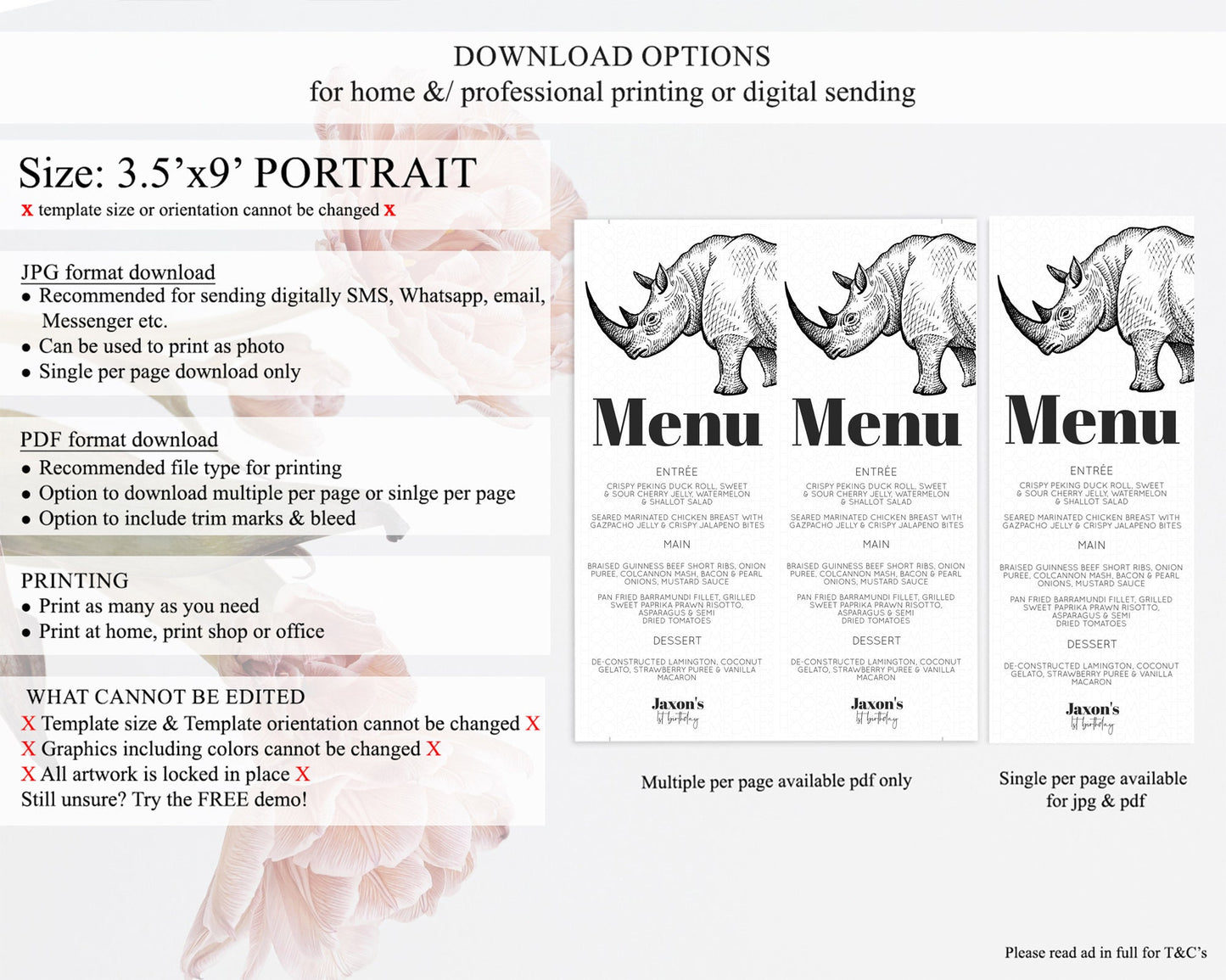 Rhino Menu Rhino Menu Template Rhino Party Table Decor Safari Adventure Decor Rhino Dinner Dessert Menu Rhino Party Food Menu D10253