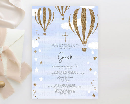 Hot Air Balloon Baptism Invitation Hot Air Balloon Baptism Birthday Invitation Adventure Awaits Up Up Away Glitter Blue Watercolor D10333