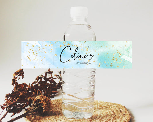 Blue Watercolor Water Label Template Ombre Blue Watercolor Splash Party Decor 1st Birthday Baby Shower Wedding Baptism Bridal Shower D10168